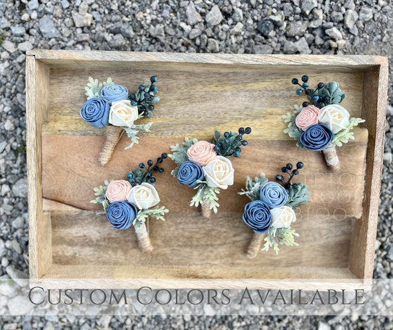 Mini Rose Boutonniere / Rustic Bridal Bridesmaid Bouquet / Eucalyptus Dusty Miller / Dusty Blue Blush Pink Navy
