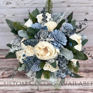 The Abigail Wintery Dusty Blue and Silver Bouquet / Rustic Wild Bridal Bridesmaid / Sola Wood Flowers / Pine Eucalyptus Christmas Winter