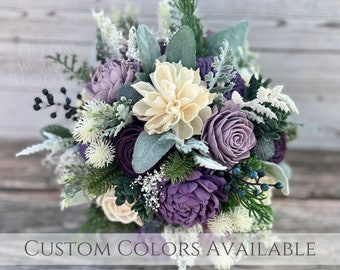 Wood Flower Athena Wedding Bouquet / Rustic Wild Bridal Bridesmaid / Sola Flowers / Cedar Lavender Pinecone Thistle Wisteria Purple Plum
