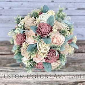 Wood Flower Wedding Bouquet / Bridal Bridesmaid Bouquet / Wooden Sola Wood Flowers / Blush Pink Silver Babys Breath