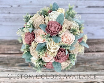 Wood Flower Wedding Bouquet / Bridal Bridesmaid Bouquet / Wooden Sola Wood Flowers / Blush Pink Silver Babys Breath