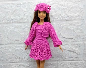 dress for barbe doll-clothes for 12" dolls-crochet dress for doll-crochet set-cardigan-dress- hat-clothing for barbe dolls