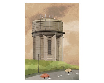 A4 Oakes Water Tower Digital Print Sheffield,Norton Water Tower,sheffield landmark,sheffield wall art,sheffield illustration,yorkshire