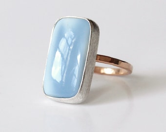 Blue Owyhee Opal, 14K Rose Gold-fill & Sterling silver handmade cocktail ring size 7US, Natural sky blue gemstone, hammered shank, boho chic