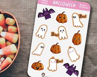 May include: A sheet of Halloween-themed stickers featuring cartoon pumpkins, ghosts, and bats. The stickers have a white background with orange and brown outlines. Some ghosts have the word "Boo!" written on them. The sheet is labeled "Halloween".
