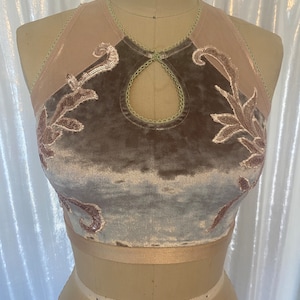 May include: A light blue and pink halter top with a keyhole cutout and floral embroidery. The top is made of velvet and has a delicate lace trim.