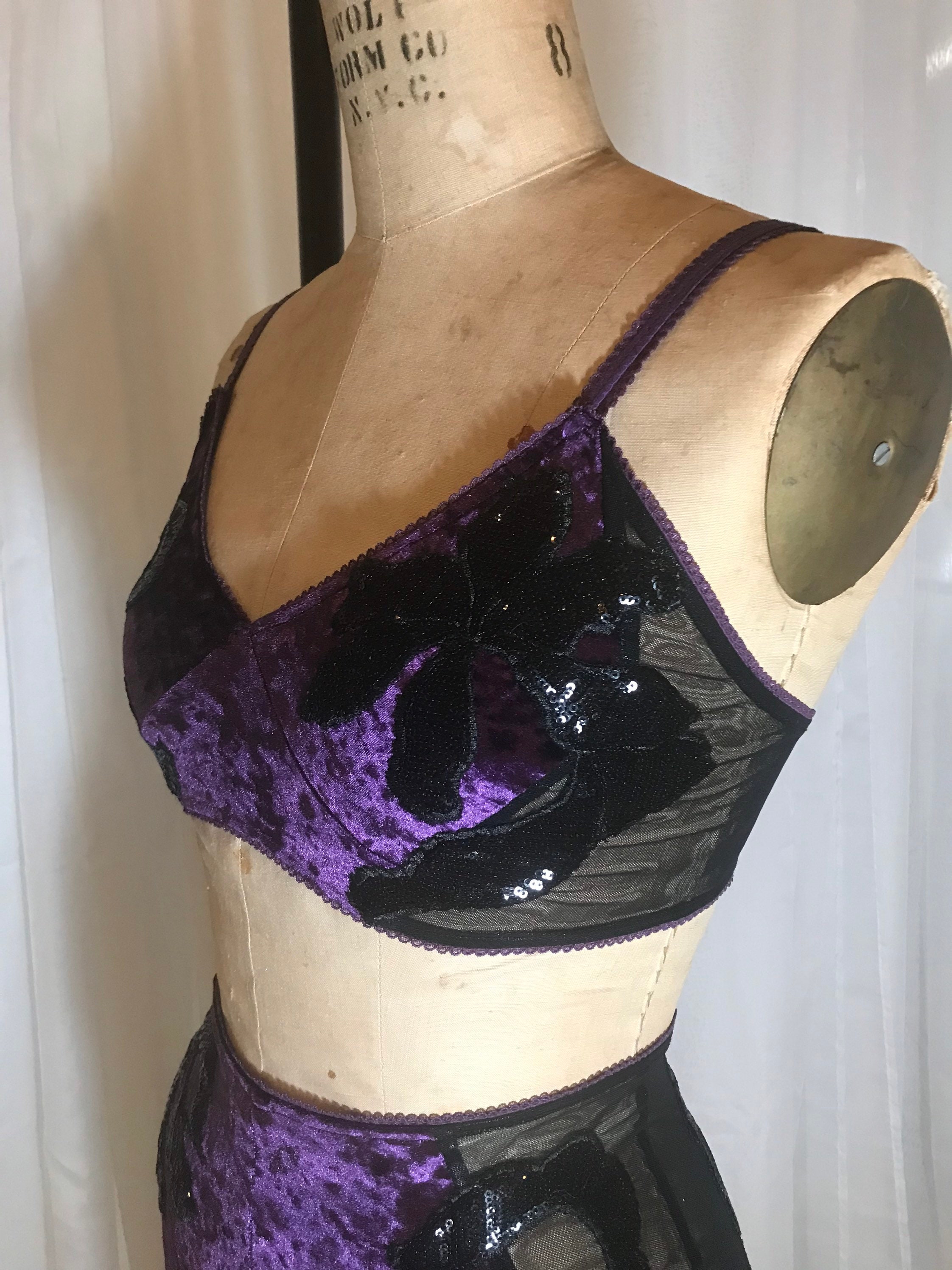 Purple and Black Crushed Velvet and Shiny Mesh Bralette With Sequin  Appliqués 