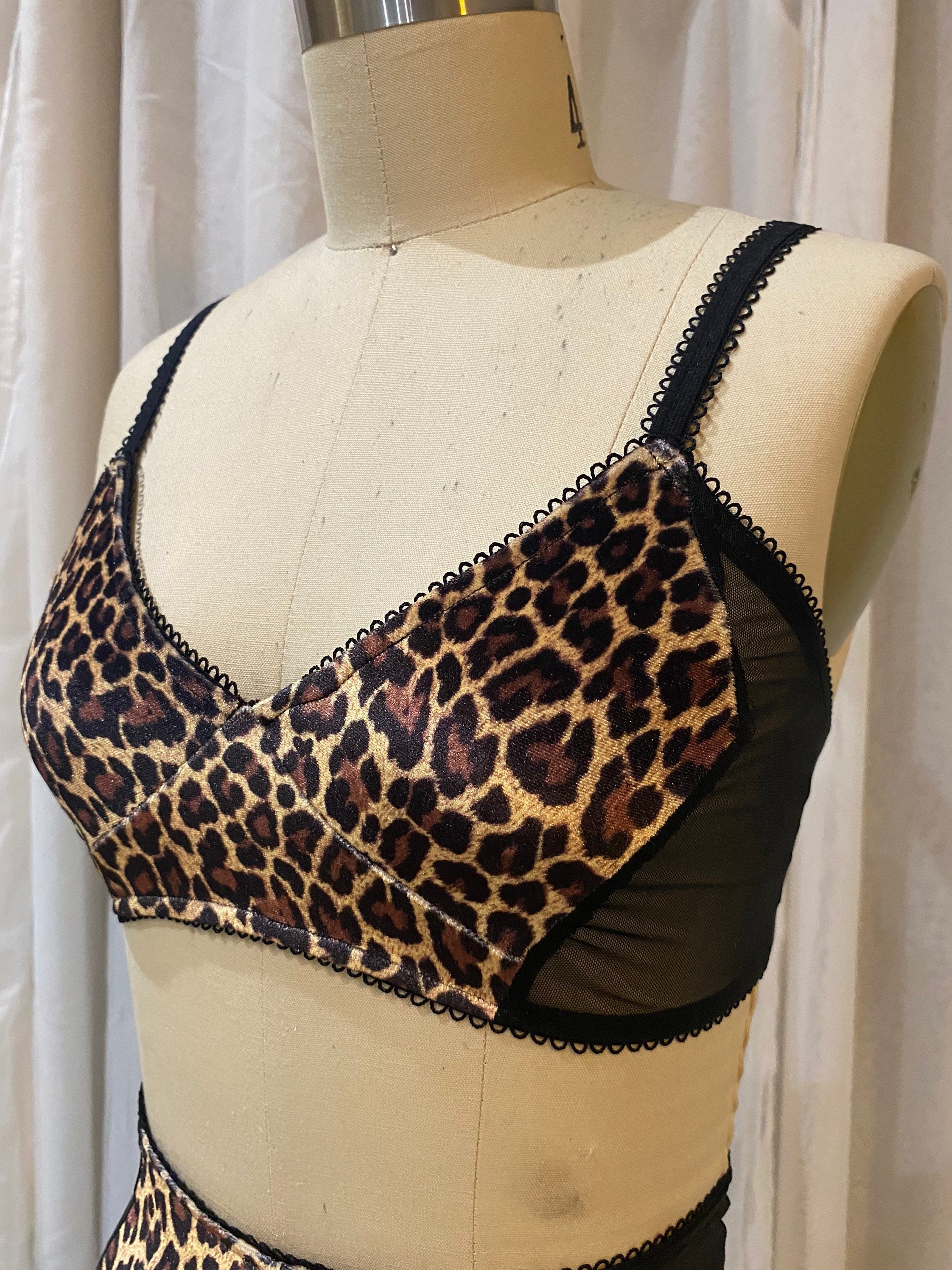 Leopard Bra/ Bralette/ Leopard Print/ Velvet/ Mesh/ Pinup/ Burlesque/  Rockabilly 