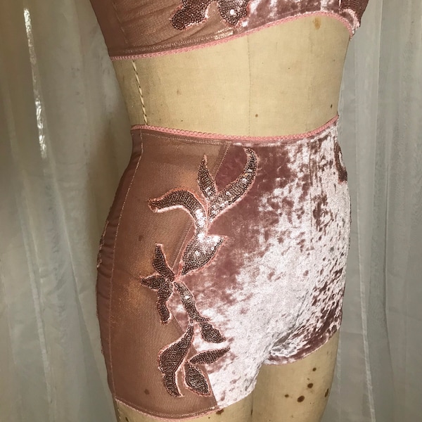 Rose and Copper Crushed Velvet and Shiny Mesh High Waisted Shorts with Sequin Appliqués