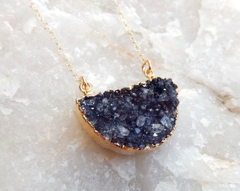 Half Moon Black Druzy Necklace 24K Gold Crystal Quartz Raw Cluster Drusy Pendant Gold Filled Chain - Free Shipping Jewelry