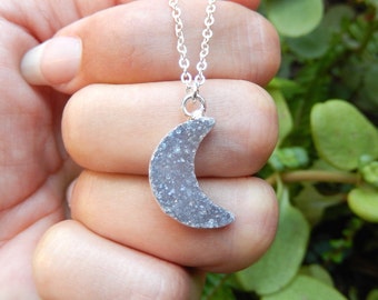 Sparkling Gray Moon Druzy Necklace Silver Crystal Crescent Quartz Raw Drusy Pendant Sterling Silver Chain - Free Shipping Jewelry