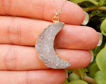 White Moon Druzy Necklace 24K Gold Crystal Crescent Quartz Raw Drusy Pendant Gold Filled Chain - Free Shipping Jewelry