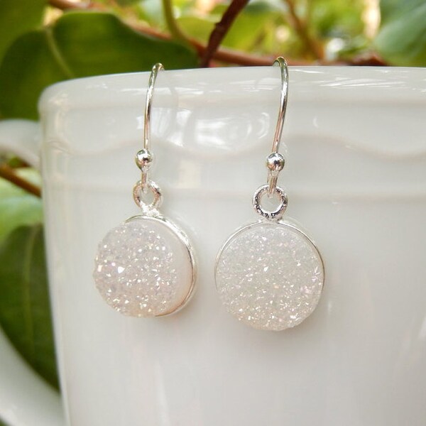 White Druzy Earrings Sterling Silver Drusy Snow Quartz Round Circle Titanium Aura Dainty Drops - Free Shipping Jewelry