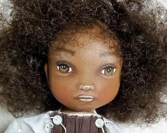 Handmade Black Cloth Doll Brown Dress Painted Face Nursery Primitive Collectible Decor