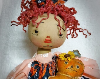 Halloween Primitive folk art raggedy ann doll w/pumpkin totem hand made doll Bats Spooky Trick or Treat doll Keepsake doll eerie doll