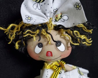 Raggedy Ann Doll - Bumble Bees - Spring Summer - Garden Keepsake doll - black and yellow doll - OOAK raggedy doll - hand made raggedy