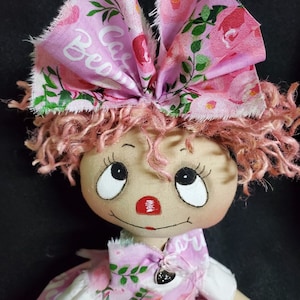Raggedy Ann Doll, pink raggedy hand made doll with silver charms, collectible craft doll with pink and white dress, Mother's day OOAK doll