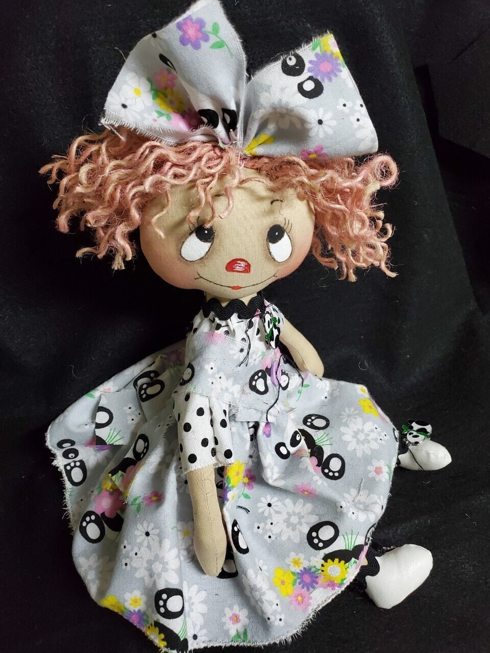 Raggedy Ann Doll - panda print dress - Spring Summer - Everyday doll OOAK raggedy doll - hand made raggedy -gift doll - Raggedy doll gift