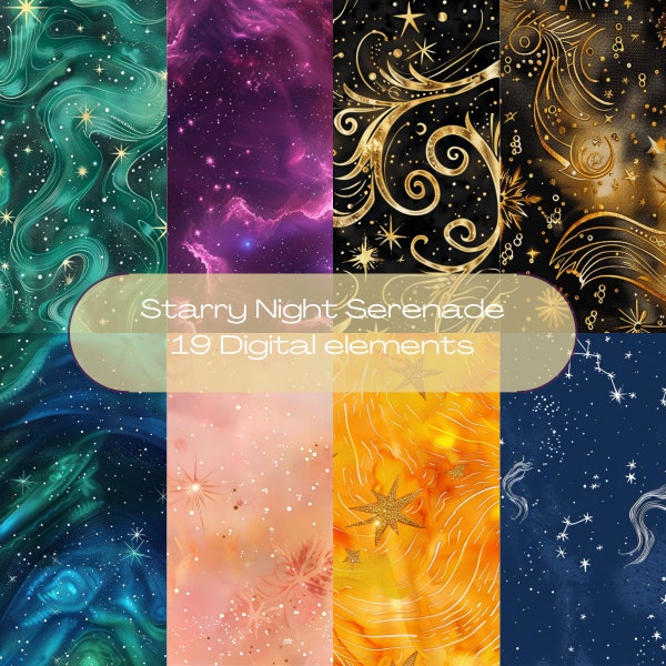 Starry Night Serenade| Stellar Symphony Patterns| Nebula Nights Pattern Set| Galactic Harmony| Cosmic Serenity Ensemble| Digital art| PNG