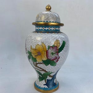 Vintage Chinese Cloisonné Ginger Jar, White Ground with Butterflies and Flowers