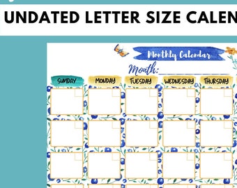 Colorful Floral Undated Monthly Calendar Letter Size Printable PDF