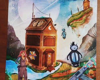 May include: A watercolor painting of a whimsical scene with a brown house, a woman with a robotic arm, a blue robot, and a black robot with cat ears. The scene is set against a backdrop of a starry sky and a large, pale blue planet.