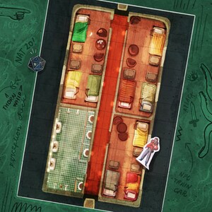 May include: A top-down view of a train car interior with a red carpet hallway and multiple sleeping compartments. The compartments have beds, windows, and a small table. The train car is divided into sections by a grid pattern.