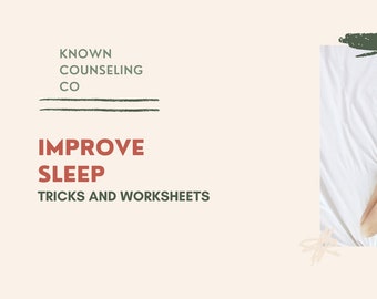 May include: A woman sleeping on a white bed with a green and white abstract design in the background. The text "IMPROVE SLEEP TRICKS AND WORKSHEETS" is in red on the left side of the image. The text "Behavior Analysis, Good Sleep Checklist, Ideal Sleep Routine, Relaxation Techniques, Sleep Tricks and Tools" is in red on the right side of the image.