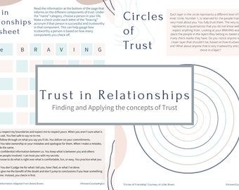May include: A worksheet titled "Trust in Relationships" with a grid for assessing trust in relationships. The grid includes the acronym "BRAVING" and the words "Boundaries, Reliability, Accountability, Vulnerability, Integrity, Generosity, and Non-Judgment". The worksheet also includes a diagram of concentric circles representing different levels of trust.