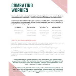 K&ouml;nnte beinhalten: Ein illustrierter Leitfaden in Rosa und Gr&uuml;n mit dem Titel "Combating Worries". Der Leitfaden enth&auml;lt Tipps zur Bew&auml;ltigung von Angst und Sorgen, darunter biblische Affirmationen und Fragen, die man sich selbst stellen kann.