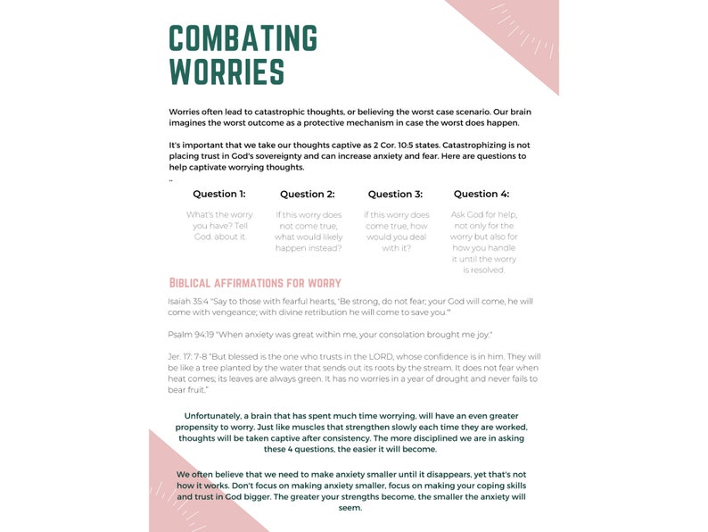K&ouml;nnte beinhalten: Ein illustrierter Leitfaden in Rosa und Gr&uuml;n mit dem Titel "Combating Worries". Der Leitfaden enth&auml;lt Tipps zur Bew&auml;ltigung von Angst und Sorgen, darunter biblische Affirmationen und Fragen, die man sich selbst stellen kann.