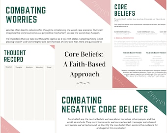 May include: A pink, green, and white infographic titled "Combating Worries" and "Combating Negative Core Beliefs" with the text "Core Beliefs: A Faith-Based Approach". The infographic explains how to identify and challenge negative core beliefs.