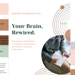Könnte beinhalten: Ein Grafikdesign mit dem Text "Your Brain, Rewired." und einem grünen Thermometer mit einer Skala von 1 bis 8. Die Grafik enthält auch eine Person, die in ein Notizbuch schreibt, ein rosa und grünes Diagramm und den Text "Conditioning Anxiety in the Brain".