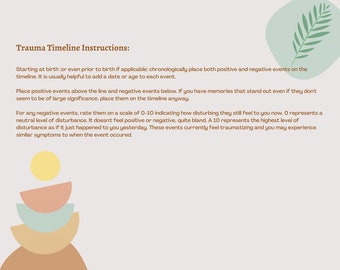 Op de afbeelding: Trauma-tijdlijn instructies: Begin bij de geboorte en plaats chronologisch zowel positieve als negatieve gebeurtenissen op de tijdlijn. Voeg een datum of leeftijd toe aan elke gebeurtenis. Plaats positieve gebeurtenissen boven de lijn en negatieve gebeurtenissen eronder. Beoordeel negatieve gebeurtenissen op een schaal van 0 tot 10, waarbij 0 neutraal is en 10 het meest verontrustend.