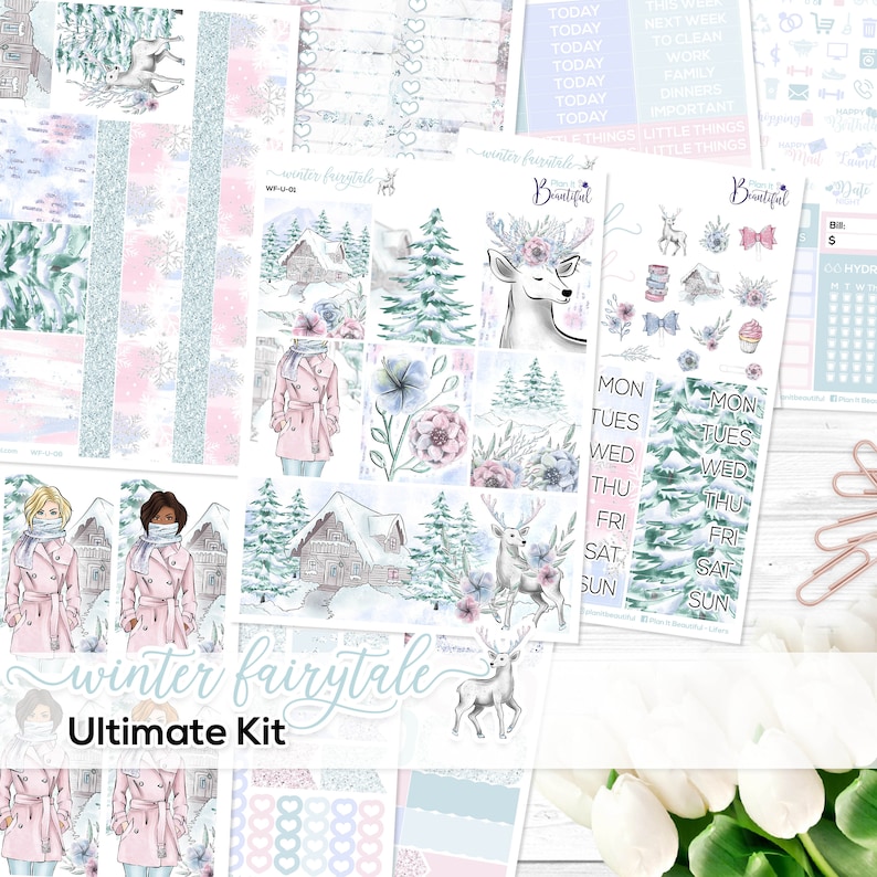 Winter Fairytale Stickers for Erin Condren Vertical Life Planner Ultimate Weekly Kit Premium Matte Paper /& Removable Vinyl