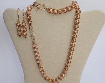 captured bead freshwater pearls and nugold, Pearl Jewelry set, Pearl necklace, Pearl earrings, Pearl bracelet, Classy pearl jewelry.