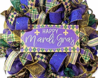 Harlequin Mardi gras Wreath, Mardi gras wreath, Mardi gras decor, Mardi Gras decorations, Happy Mardi gras, Mesh Mardi gras wreath