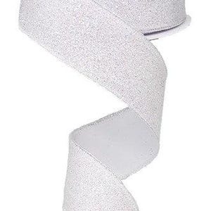 May include: A roll of white glitter ribbon. The ribbon is unwound, showing the texture and sparkle of the material. The ribbon is on a white spool, perfect for crafts, gift wrapping, or decorative purposes.