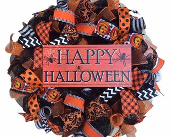 Happy halloween wreath, Halloween wreath, Halloween Wreaths, Jack-o-lantern wreaths,black and orange Wreath, Spooky Halloween wreath, wreath