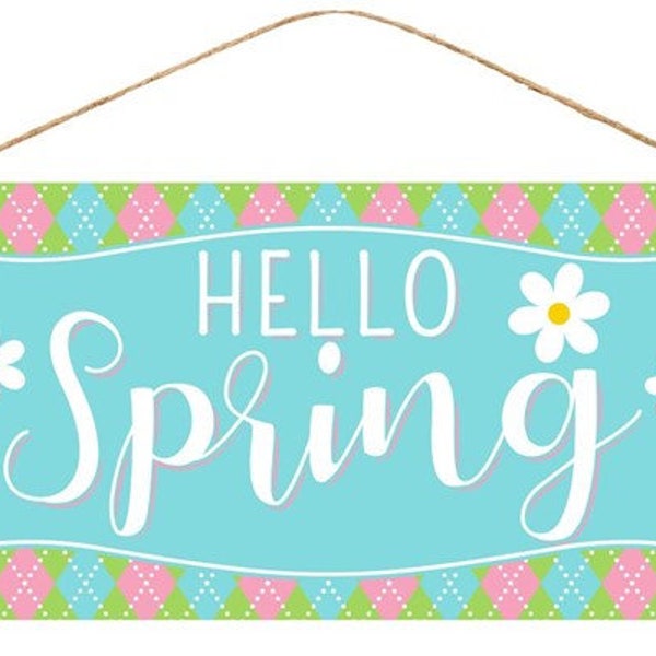 12.5" x 6"  HELLO SPRING ARGYLE sign