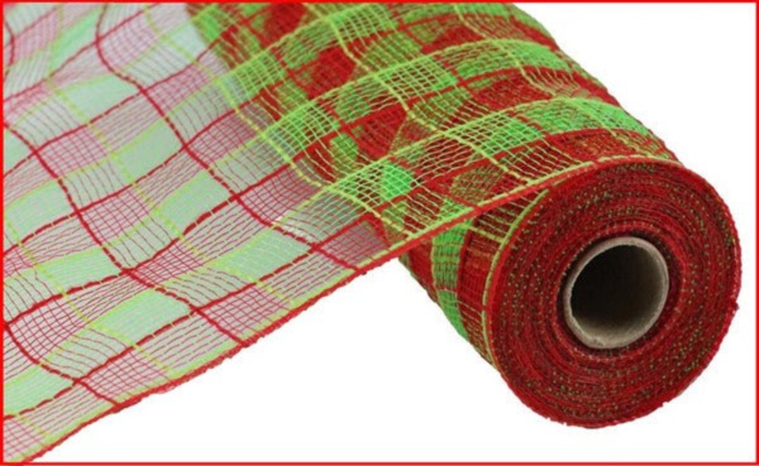 10 Red Green Check Faux Jute Mesh 10 Yds, Red White Lime Check Mesh