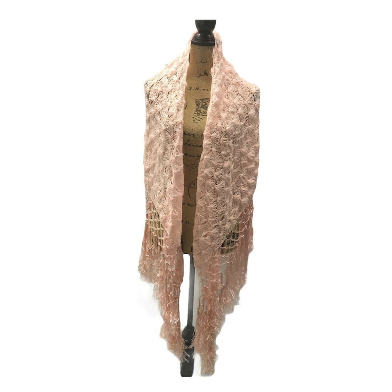 Hand Made Knit Pink Triangle Shawl With Fringe Accent Very Soft