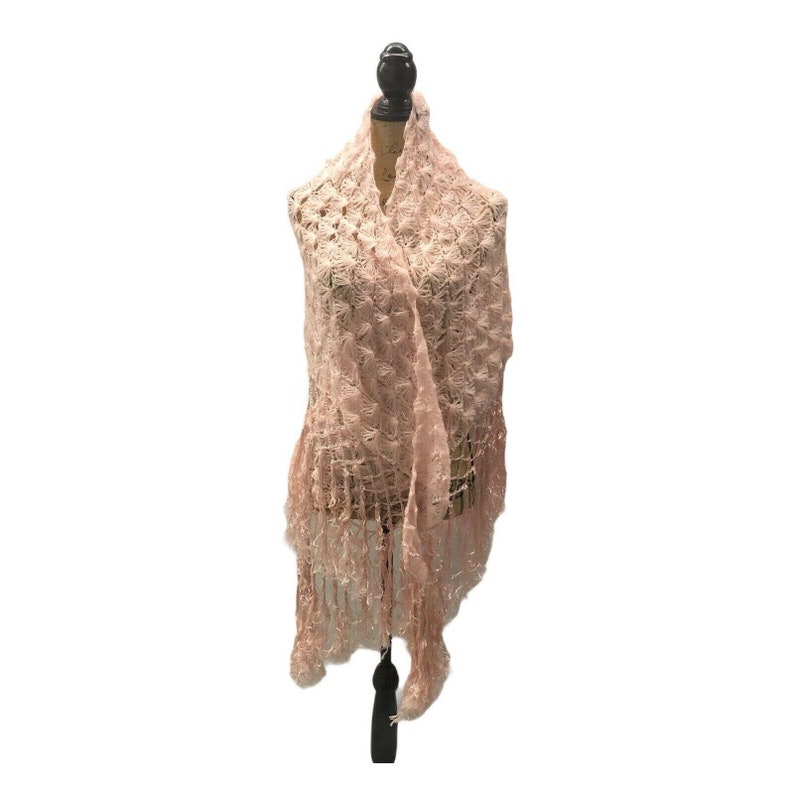 Hand Made Knit Pink Triangle Shawl With Fringe Accent Very Soft
