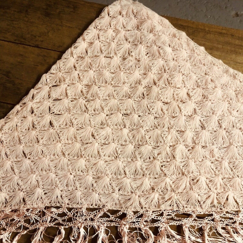 Hand Made Knit Pink Triangle Shawl With Fringe Accent Very Soft