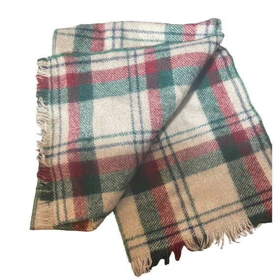 Woolrich Wool Blend Plaid Scarf Unisex Fringed Tan Green 54