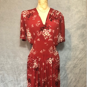 40s Cherry Red 3D Novelty Spring Summer Floral Rayon Plumeria Flower Day Dress image 1