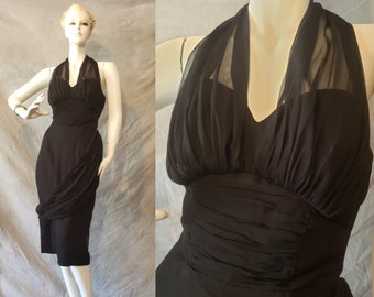 50s Marilyn Black Hourglass Silk Chiffon Illusion Halter Wiggle Pencil Skirt Dress
