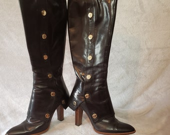 YSL Yves Saint Laurent 90s Military Black Leather Victorian Spats Boots 38 US 8