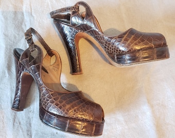 40er Alligator Crocodile Plateau Slingback Heels, Größe 5