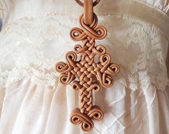 70s Woven Braided Leather Sculpted Cross Gothic Celtic Byzantine Pendant on Leather 22" Long